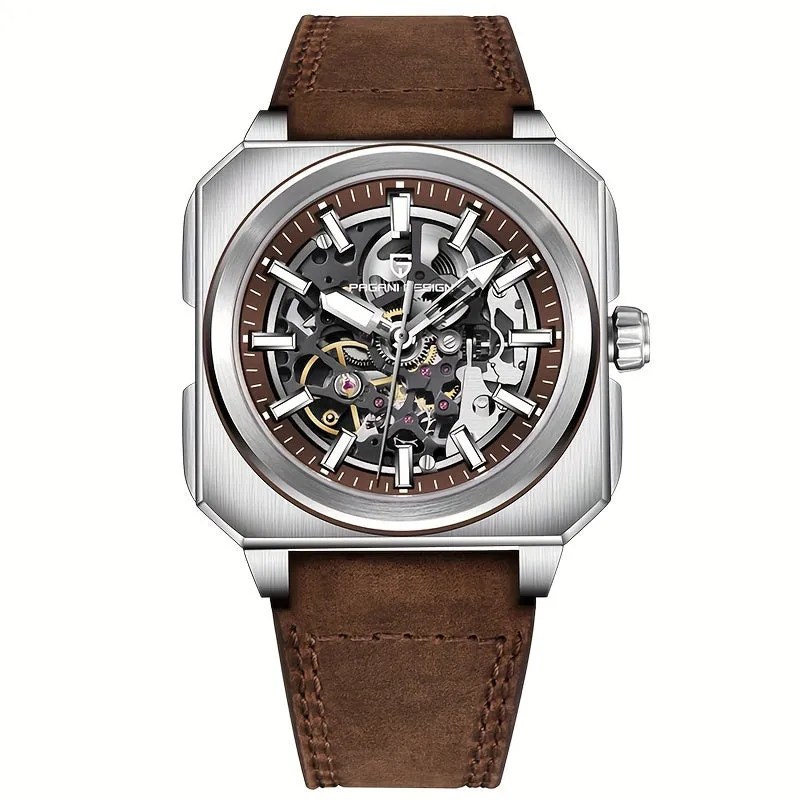PAGANI DESIGN Men's Luxury Automatic Mechanical Watch - Square, Skeleton Movement with Luminous Dial, Waterproof Stainless Steel Case