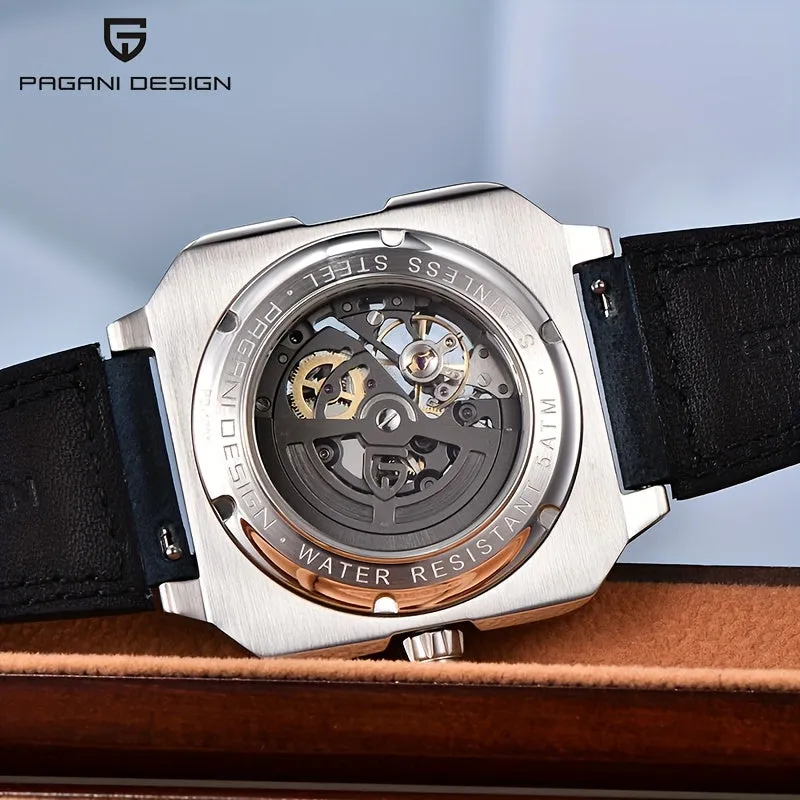 PAGANI DESIGN Men's Luxury Automatic Mechanical Watch - Square, Skeleton Movement with Luminous Dial, Waterproof Stainless Steel Case