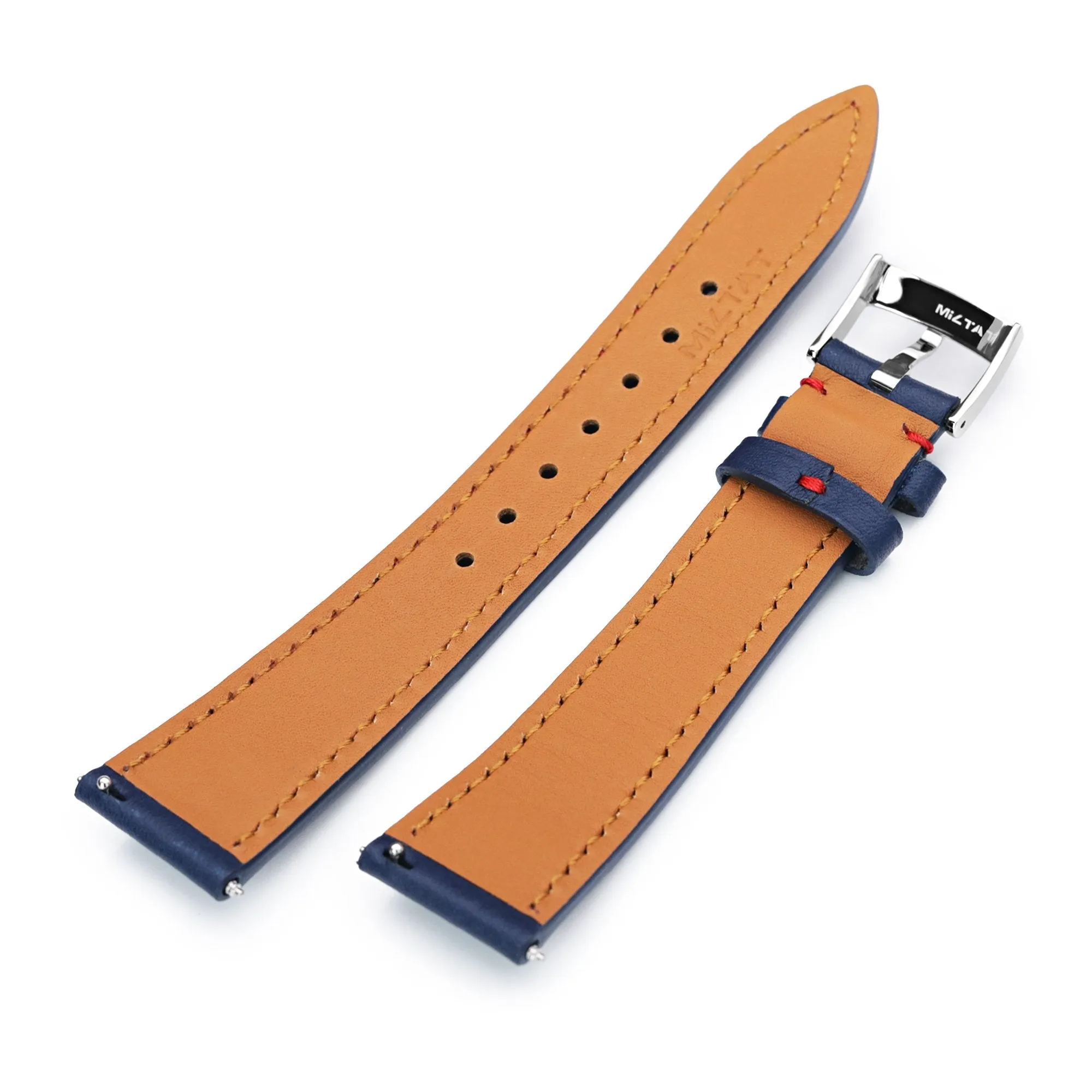 Q.R. 19mm, 20mm or 22mm Blue Tapered Leather Watch Band, Red Stitching   Zermatt