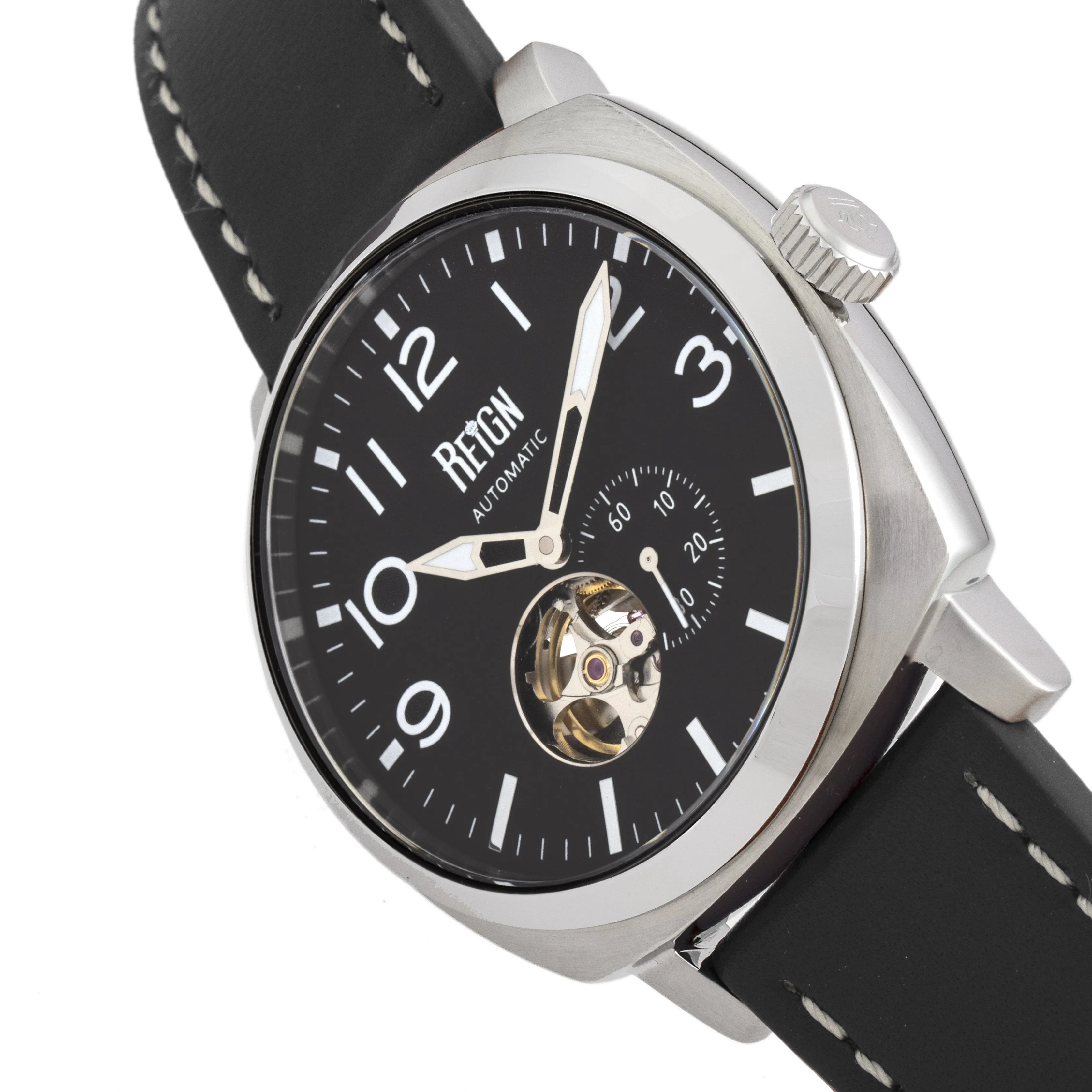 Reign Napoleon Automatic Semi-Skeleton Leather-Band Watch