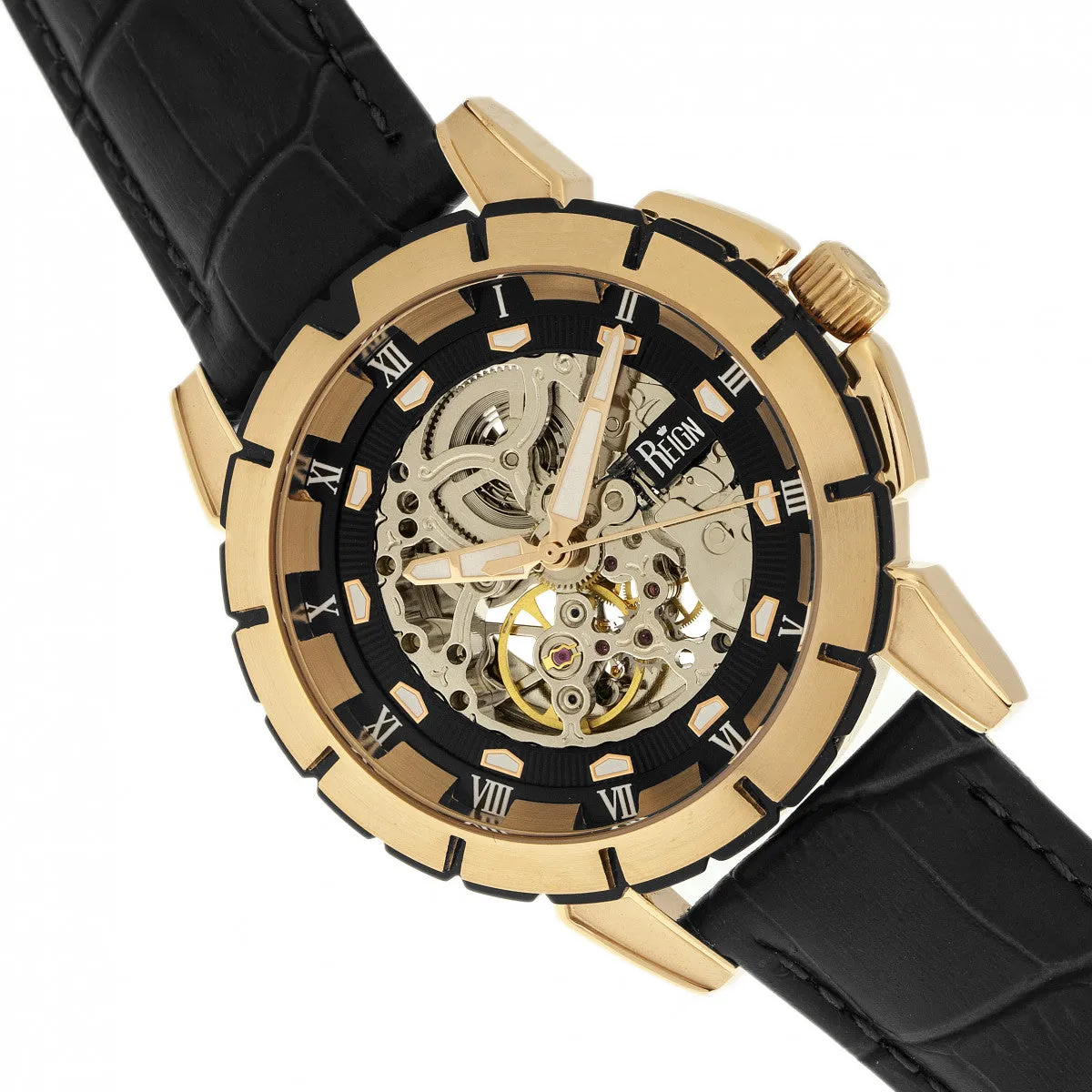 Reign Philippe Automatic Skeleton Leather-Band Watch - Gold/Black