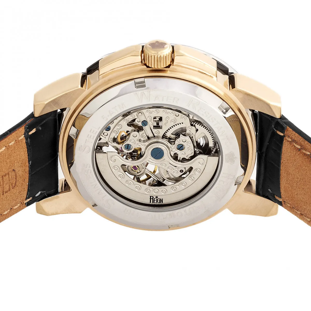 Reign Philippe Automatic Skeleton Leather-Band Watch - Gold/Black