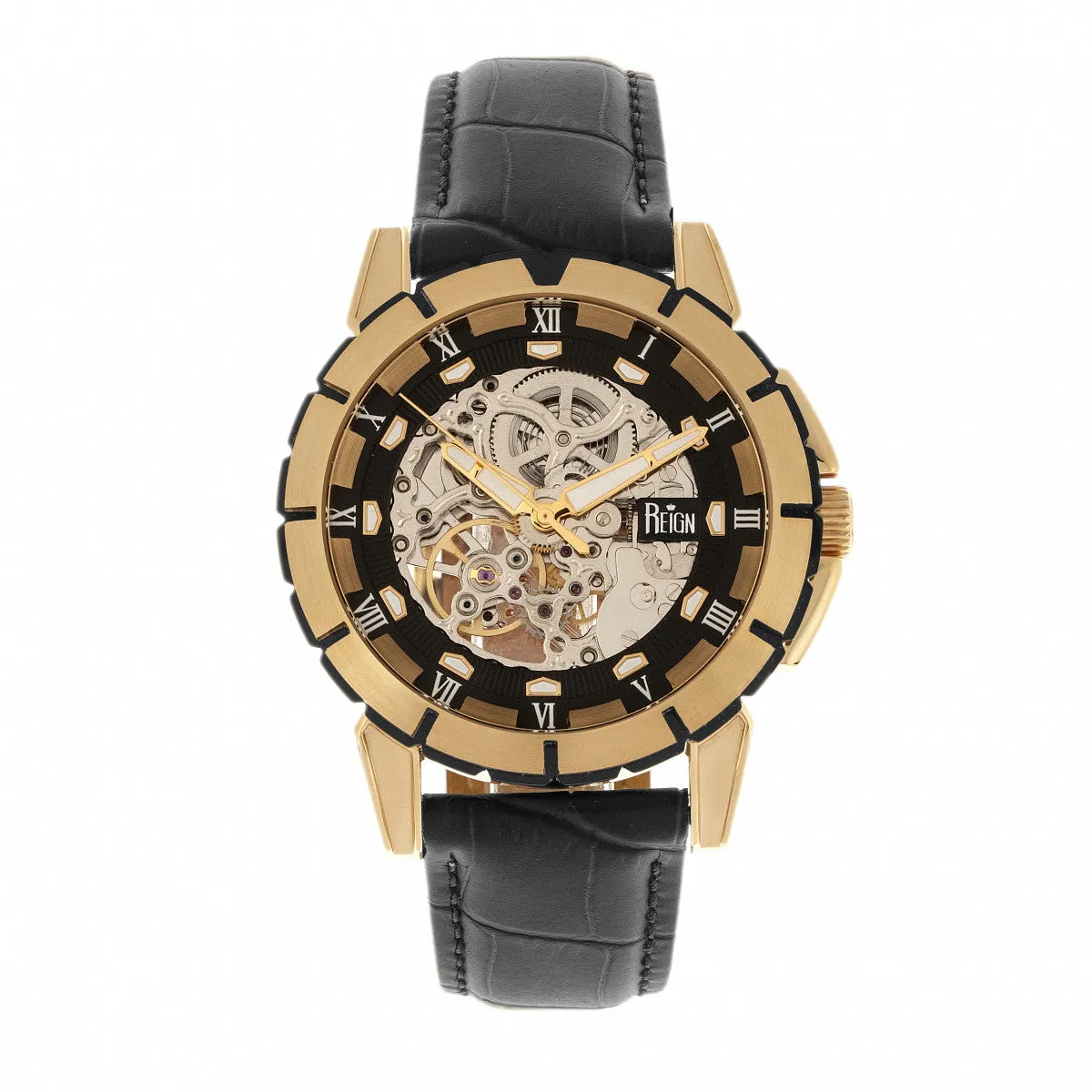 Reign Philippe Automatic Skeleton Leather-Band Watch - Gold/Black
