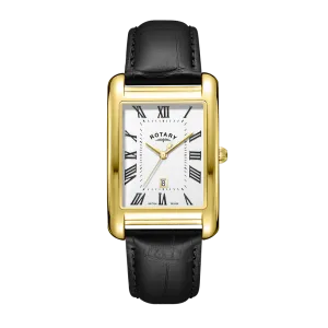 Rotary Gents Gold Plated Rectangular Black Leather Watch
