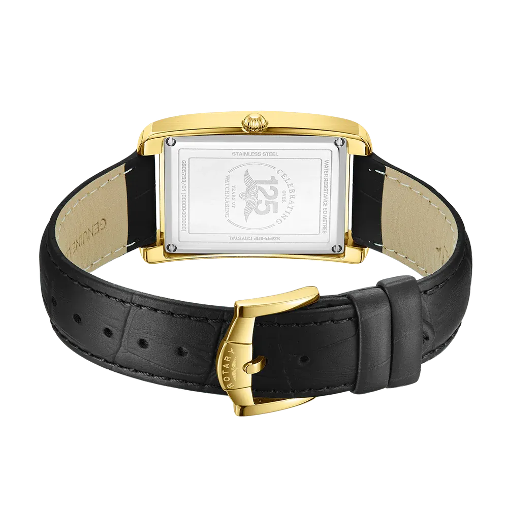 Rotary Gents Gold Plated Rectangular Black Leather Watch