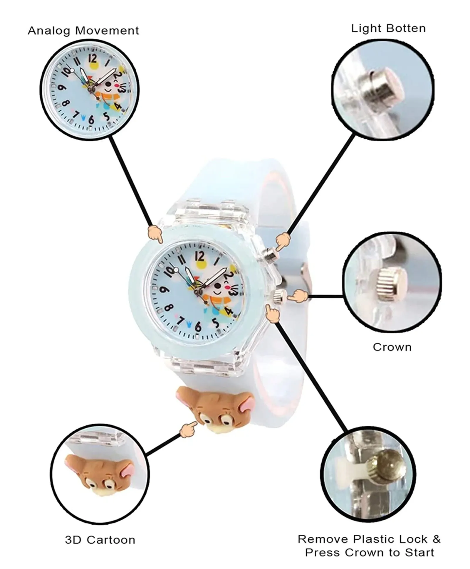 Spiky 3D Cartoon Analog Light Watch for Kids Boys & Girls - Black