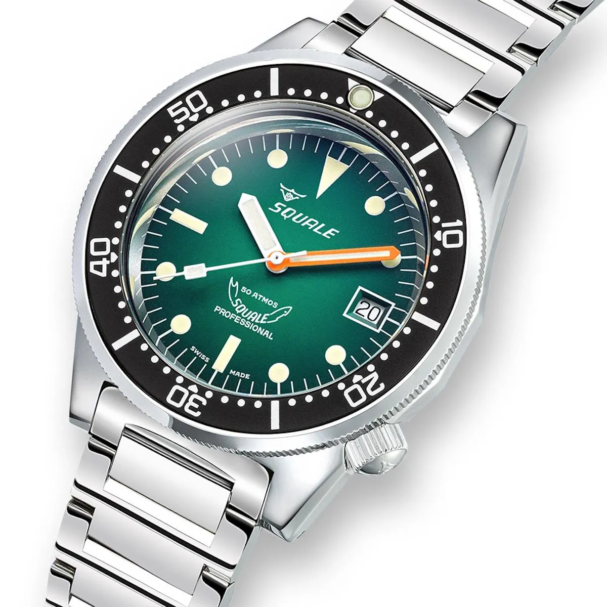 Squale 1521 Polished Steel Case - Green Fume Dial on Bracelet