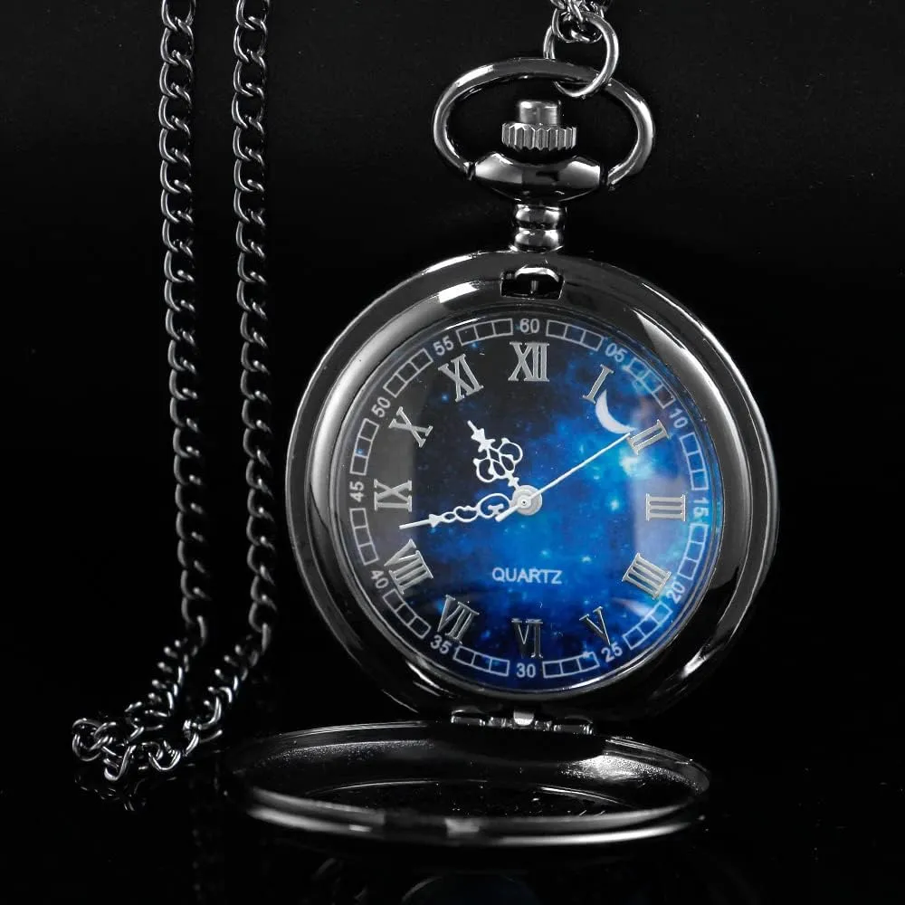 Tiong Pocket Watch Hollow Blue Star Design Roman Numerals Quartz with Chain Christmas Birthday Gifts