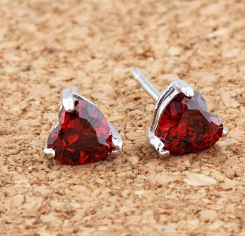 Trendy White 100% Real 925 Sterling Silver Earrings for Women Jewelry Cubic Zirconia Luxury Garnet Heart Stud Earring CE111