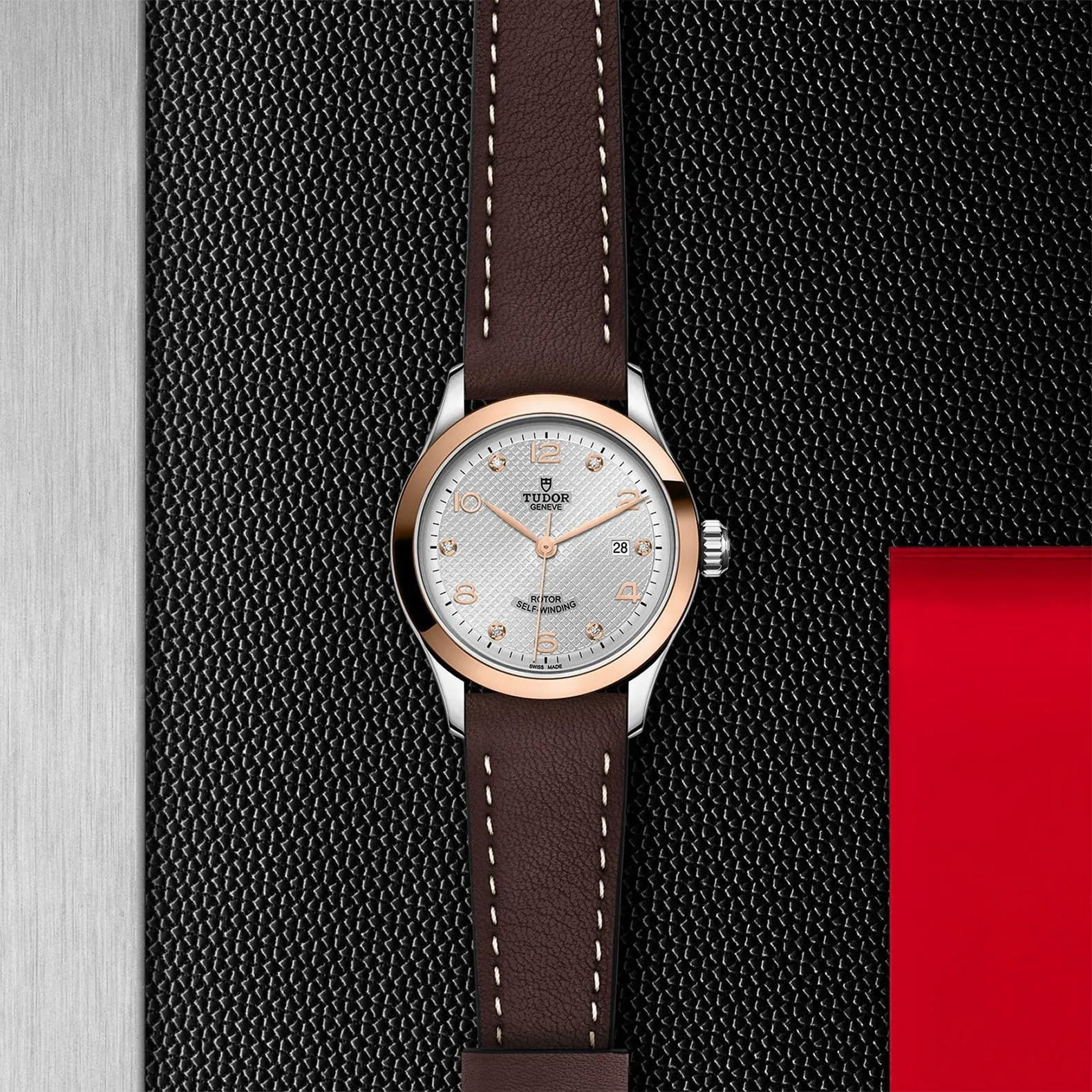 TUDOR 1926 28mm Steel Gold Diamond Leather Watch - M91351-0006