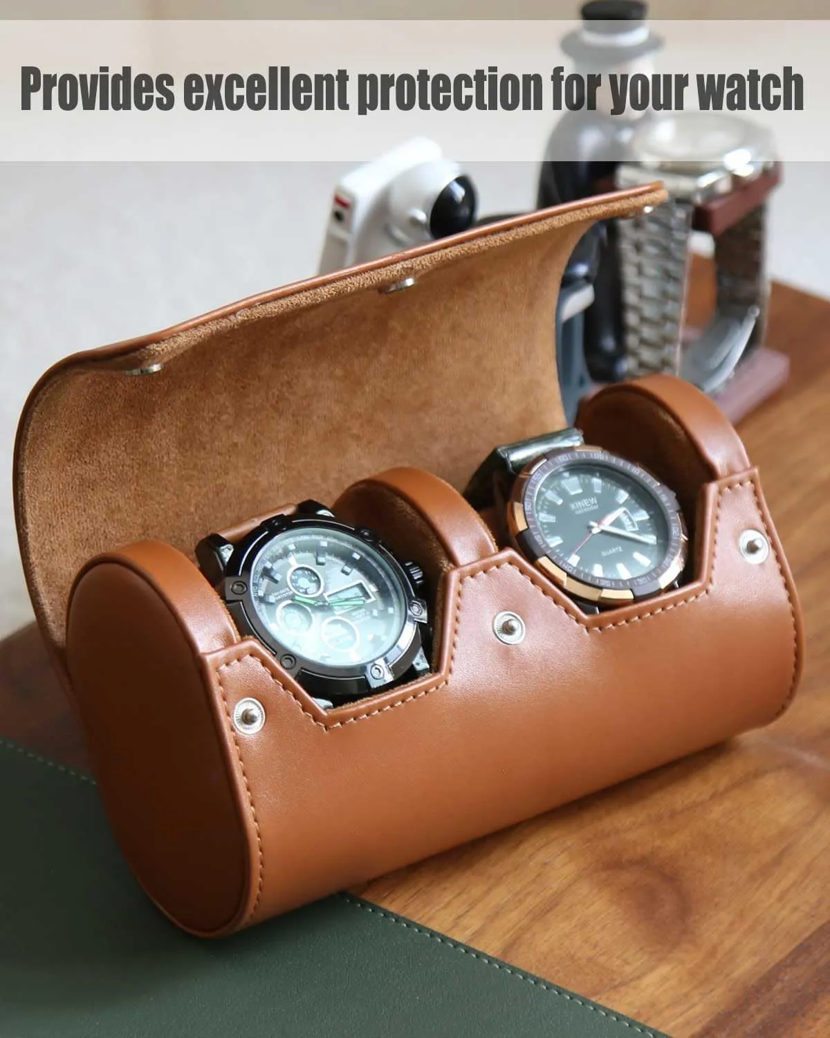 Watch Travel Case, Premium Leather Watch Case, Variable Size Watch Pillow Design, Watch Roll Organizer for Men and Women, Brown 2 Slot Portable Watch Storage Box with Faux Suede Fabric Lining