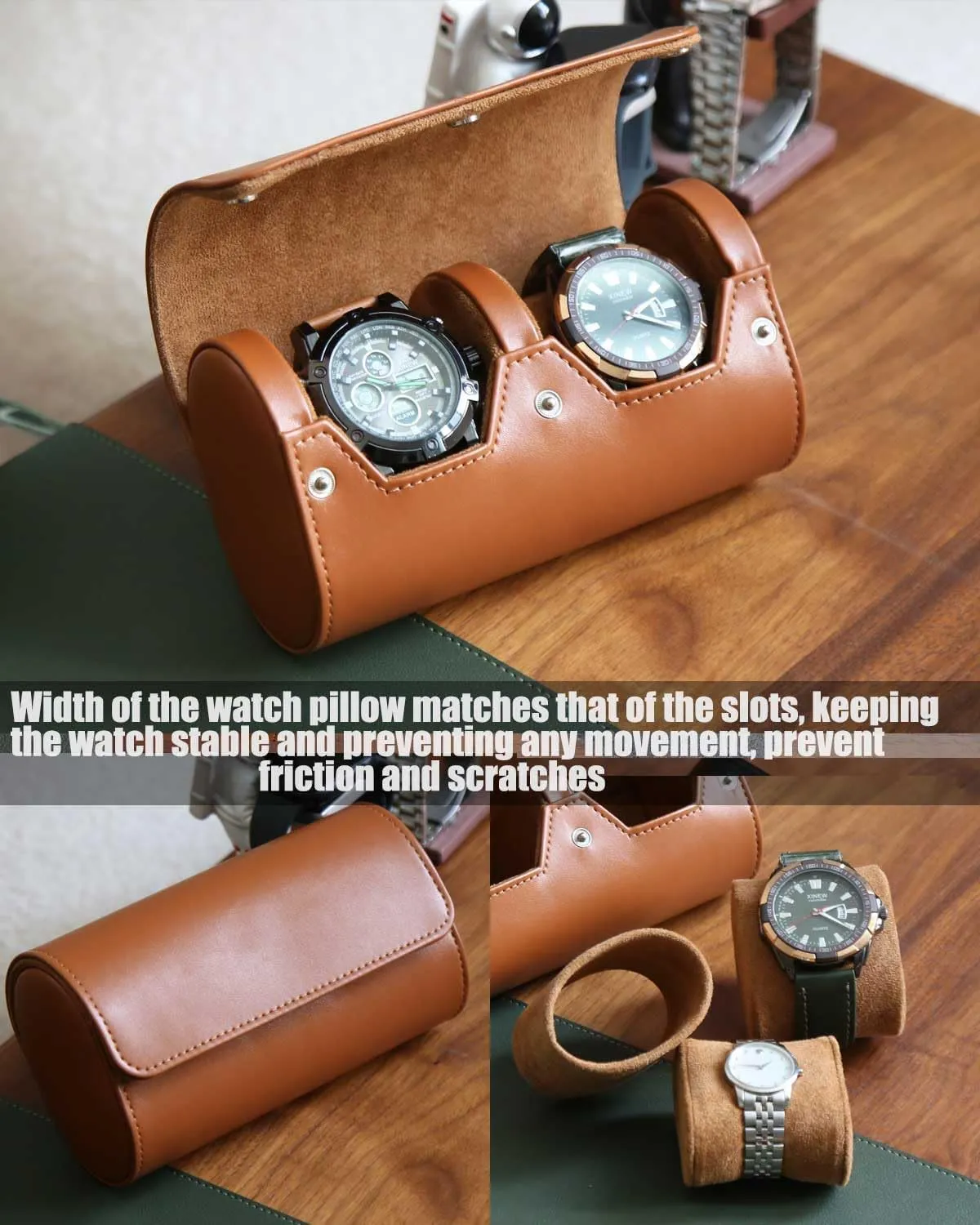 Watch Travel Case, Premium Leather Watch Case, Variable Size Watch Pillow Design, Watch Roll Organizer for Men and Women, Brown 2 Slot Portable Watch Storage Box with Faux Suede Fabric Lining
