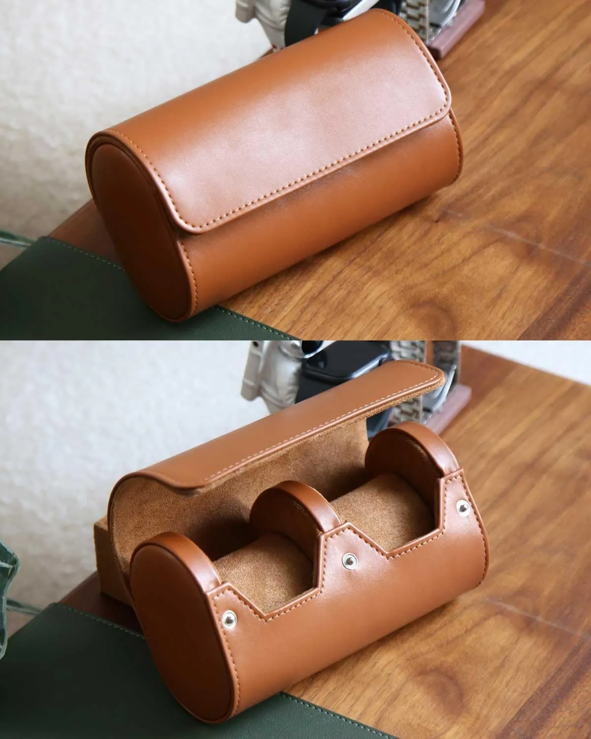 Watch Travel Case, Premium Leather Watch Case, Variable Size Watch Pillow Design, Watch Roll Organizer for Men and Women, Brown 2 Slot Portable Watch Storage Box with Faux Suede Fabric Lining