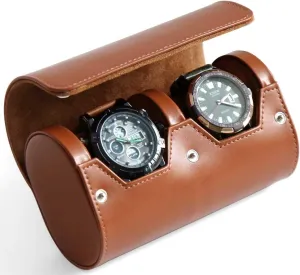 Watch Travel Case, Premium Leather Watch Case, Variable Size Watch Pillow Design, Watch Roll Organizer for Men and Women, Brown 2 Slot Portable Watch Storage Box with Faux Suede Fabric Lining